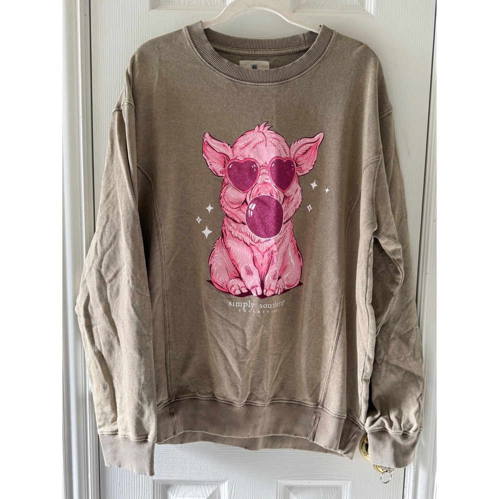 Simply‎ Southern Pink Pig Graphic Crewneck Sweatshirt Taupe Size L